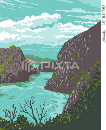 Coron Island Cove View to Kayangan Lake in Palawan Philippines WPA Art Deco Poster Coron Island Cove View to Kayangan Lake in Palawan Philippines WPA Art Deco Poster 104614562