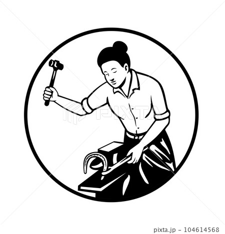 Female Blacksmith Farrier Working on Horseshoe Anvil Front View Retro Mascot Female Blacksmith Farrier Working on Horseshoe Anvil Front View Retro Mascot 104614568