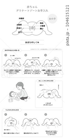 赤ちゃんケア:おまた 女の子(説明イメージ付き/モノクロ) 赤ちゃんケア:おまた 女の子(説明イメージ付き/モノクロ) 104615121