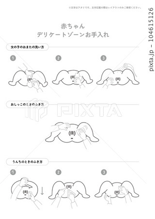 赤ちゃんケア:おまた 女の子(モノクロ) 赤ちゃんケア:おまた 女の子(モノクロ) 104615126
