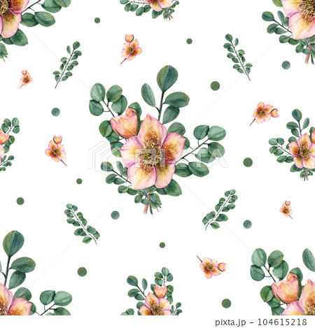 Delicate bouquet of hellebores, eucalyptus branches. Seamless floral pattern isolated on dark background. Watercolor illustration for fabric, textile, scrapbooking, wrapping, fashion. 104615218