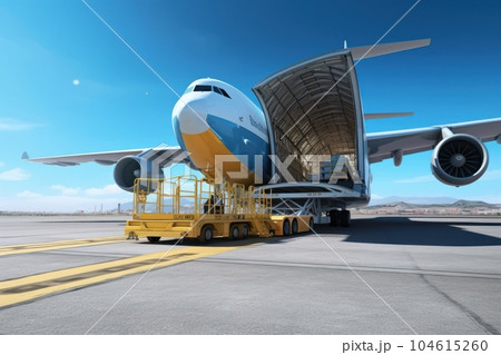 Loading a cargo plane at the airport. A cargo trolley delivering cargo to the jet on the airfield. International freight transport, airmail and logistics concept. 3D illustration. 104615260