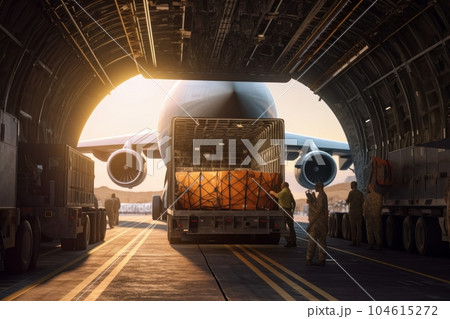 Loading transport aircraft in the hangar of the cargo terminal. Employees reload large bales from trucks into the cargo hold of an aircraft. Global freight transportaition concept. 3D illustration. 104615272
