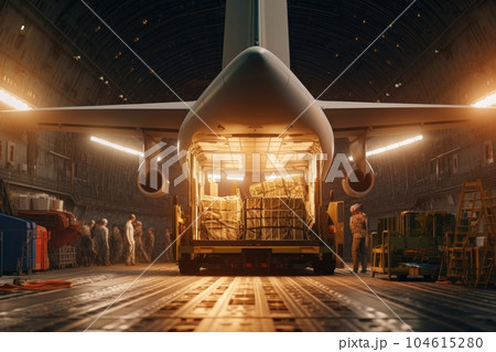 Loading transport aircraft in the hangar of cargo terminal. Large bales ready for loading, employees standing around the plane, night lighting. Global freight transportation concept. 3D illustration. Loading transport aircraft in the hangar of cargo terminal. Large bales ready for loading, employees standing around the plane, night lighting. Global freight transportation concept. 3D illustration. 104615280