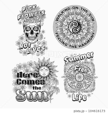Summer groovy labels with sun, rainbow, chamomiles, skull. Concept of balance, love and harmony. For clothing, apparel, T-shirts, surface decoration. Retro style illustration on white background Summer groovy labels with sun, rainbow, chamomiles, skull. Concept of balance, love and harmony. For clothing, apparel, T-shirts, surface decoration. Retro style illustration on white background 104616173