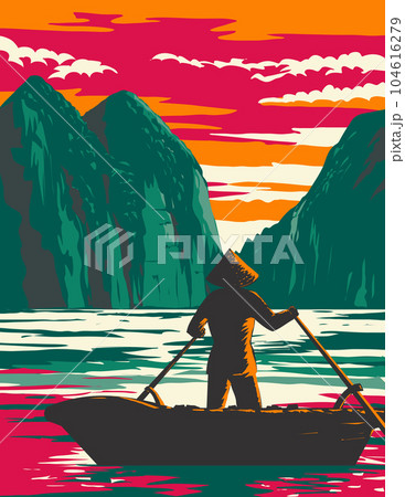 Ha Long Bay or Halong Bay with Boat Vendor Vietnam WPA Art Deco Poster 104616279