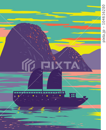 Ha Long Bay or Halong Bay with Junk Boat Vietnam WPA Art Deco Poster 104616280