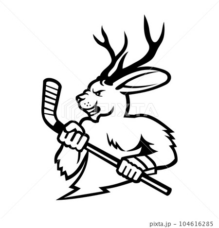 Jackalope With Ice Hockey Stick Mascot Black and White Jackalope With Ice Hockey Stick Mascot Black and White 104616285