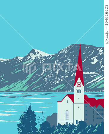 Lake Hallstatt with Salzkammergut mountains in Austria WPA Art Deco Poster Lake Hallstatt with Salzkammergut mountains in Austria WPA Art Deco Poster 104616325