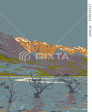 Lake Wakatipu in Glenorchy Otago South Island New Zealand WPA Art Deco Poster Lake Wakatipu in Glenorchy Otago South Island New Zealand WPA Art Deco Poster 104616327