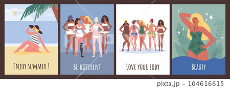 Set of posters or vertical banners with women in swimsuits flat style 104616615