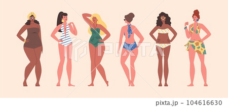 Set of happy women in various swimsuits flat style, vector illustration 104616630