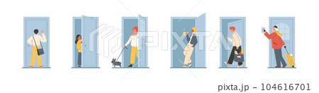 Set of people open doors flat style, vector illustration Set of people open doors flat style, vector illustration 104616701