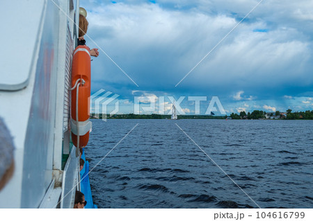 The bell tower surrounded on all sides by water in the city of Kalyazin Russia 104616799