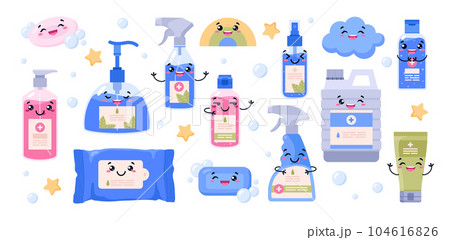 Antiseptic clean and hygienic products icons kawaii vector illustration isolated. 104616826