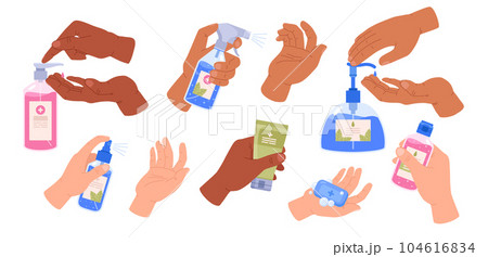 Set of people hands holding and using various antiseptics flat style 104616834