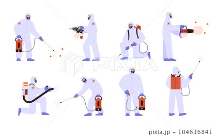 Disinfectant workers characters collection flat vector illustration isolated. 104616841