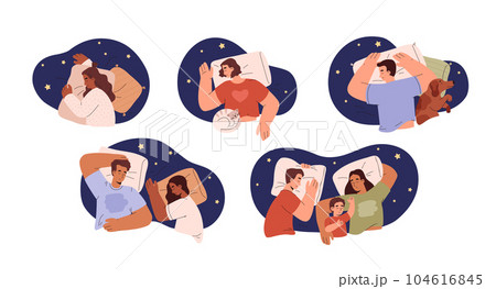 Set of people sleeping in various poses top view flat style 104616845