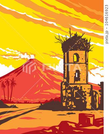 Mayon Volcano and Cagsawa Ruins Bell Tower Albay Philippines WPA Art Deco Poster 104616923