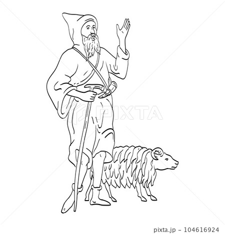 Medieval Shepherd or Sheepherder with Staff and Sheep Medieval Style Line Art Drawing 104616924