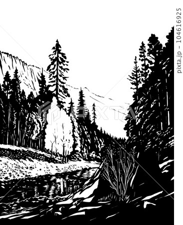 Merced River in Yosemite National Park Comics Style Drawing 104616925