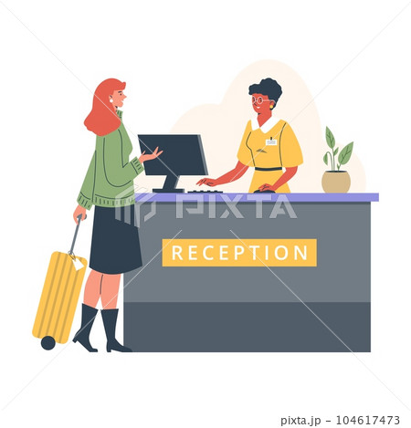 Woman with a suitcase near the reception, talking to the front hostels administrator, Online hotel booking, Vector illustration 104617473