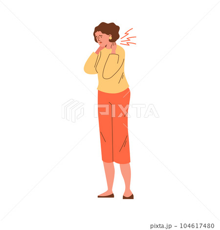 Sad woman with neck pain flat style, vector illustration Sad woman with neck pain flat style, vector illustration 104617480