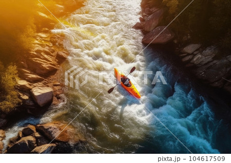 Aerial top view of extreme sport. Kayak sails mountain river. Rafting, kayaking. Generative AI 104617509
