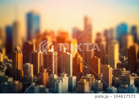 Tilt shift blur effect. Abstract futuristic cityscape with modern skyscrapers. Generative AI 104617573
