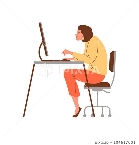 Smiling woman sitting slumped at computer flat style, vector illustration Smiling woman sitting slumped at computer flat style, vector illustration 104617601