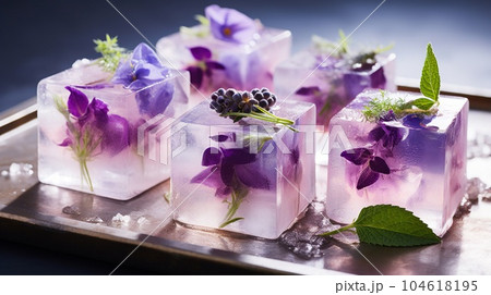 Frozen fruits in a transparent ice cube 104618195