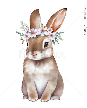 A cute rabbit sits with a wreath of flowers onのイラスト