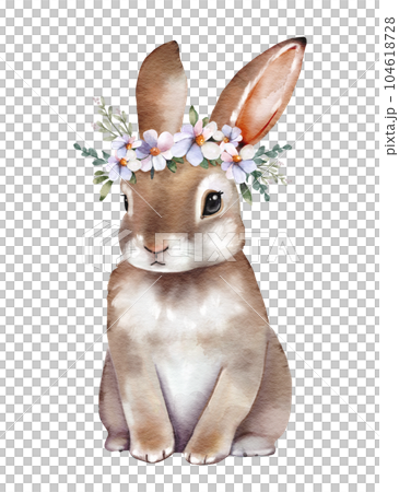 A cute rabbit sits with a wreath of flowers onのイラスト