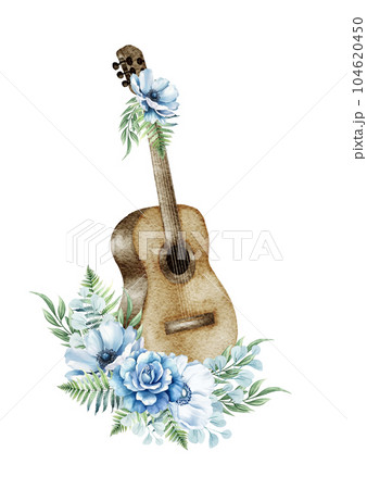Watercolor floral guitar. Western guitar with blue flowers. Farmhouse ructick wedding. 104620450
