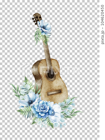 Watercolor floral guitar. Western guitar with blue flowers. Farmhouse ructick wedding. 104620450
