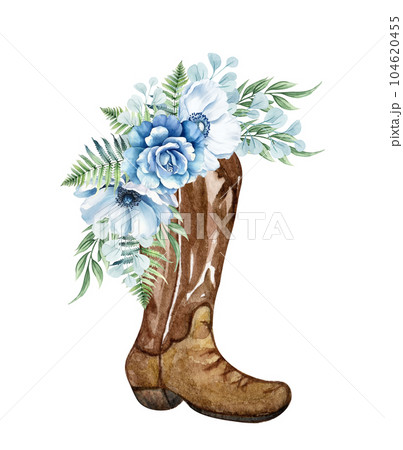 Watercolor floral cowboy boot. Western boots with blue flowers. Farmhouse ructick wedding. Watercolor floral cowboy boot. Western boots with blue flowers. Farmhouse ructick wedding. 104620455