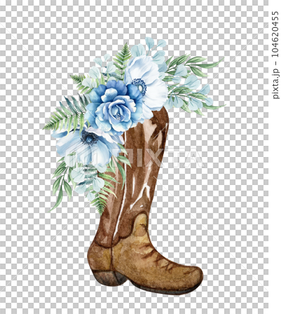 Watercolor floral cowboy boot. Western boots with blue flowers. Farmhouse ructick wedding. 104620455