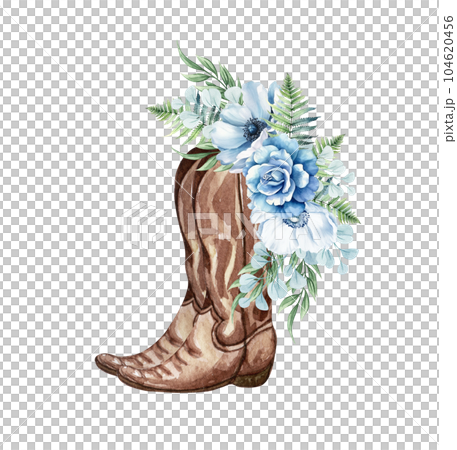 Watercolor floral cowboy boot. Western boots with blue flowers. Farmhouse ructick wedding. Watercolor floral cowboy boot. Western boots with blue flowers. Farmhouse ructick wedding. 104620456