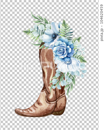 Watercolor floral cowboy boot. Western boots with blue flowers. Farmhouse ructick wedding. 104620459