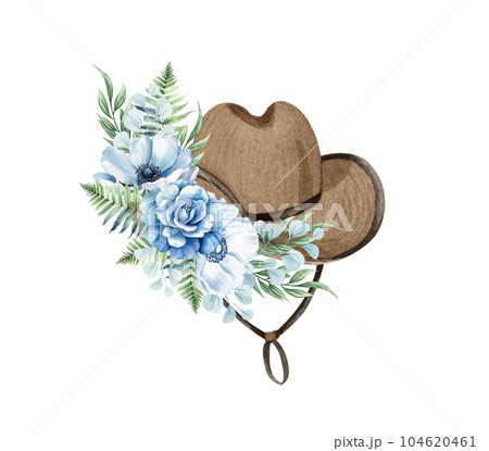 Watercolor floral cowboy hat. Western hatwith blue flowers. Farmhouse ructick wedding. 104620461