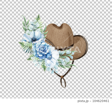 Watercolor floral cowboy hat. Western hatwith blue flowers. Farmhouse ructick wedding. 104620461