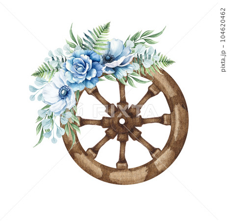 Watercolor floral wooden wheel. Western wheel with blue flowers. Farmhouse ructick wedding. 104620462