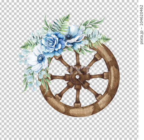 Watercolor floral wooden wheel. Western wheel with blue flowers. Farmhouse ructick wedding. 104620462