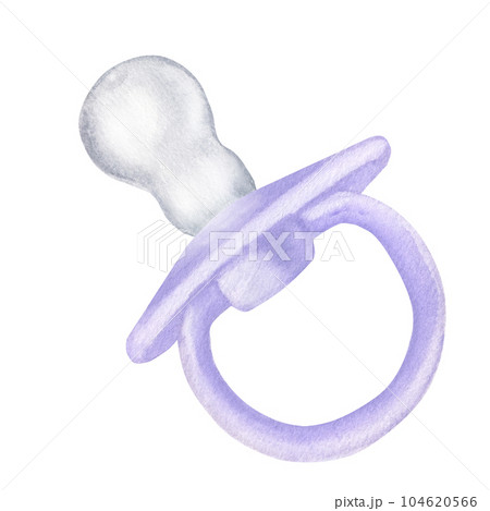 Violet lilac baby girl pacifier dummy. Hand drawn watercolor illustration isolated on white background. Newborn, baby shower, gender reveal party 104620566