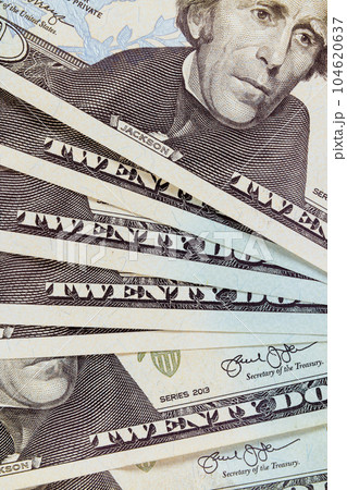 Shows close-up view front side twenty-dollar bill, United States of America Banknotes. Shows close-up view front side twenty-dollar bill, United States of America Banknotes. 104620637