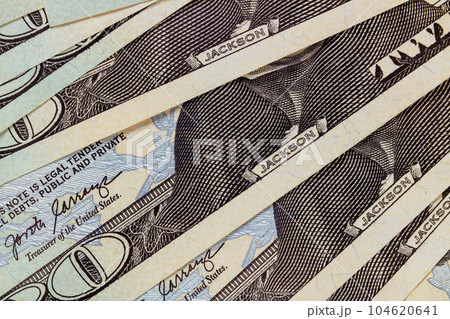 Close up of front side twenty paper dollars bill United States of America Banknotes Close up of front side twenty paper dollars bill United States of America Banknotes 104620641
