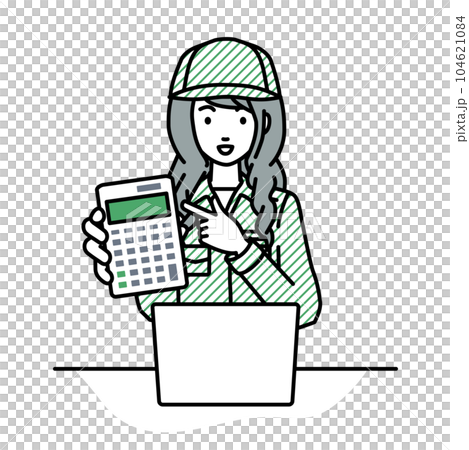 座ってデスクでノートPCを開いて電卓を指差してこちらに向けて見せている作業員の女性 座ってデスクでノートPCを開いて電卓を指差してこちらに向けて見せている作業員の女性 104621084