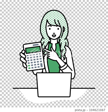 座ってデスクでノートPCを開いて電卓を指差してこちらに向けて見せているジャケットの女性 座ってデスクでノートPCを開いて電卓を指差してこちらに向けて見せているジャケットの女性 104621087