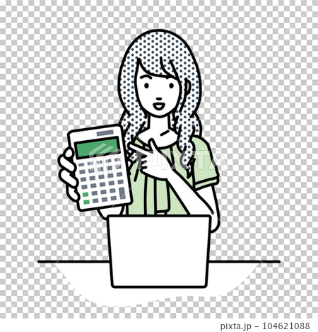 座ってデスクでノートPCを開いて電卓を指差してこちらに向けて見せているオフィスカジュアルの女性 座ってデスクでノートPCを開いて電卓を指差してこちらに向けて見せているオフィスカジュアルの女性 104621088
