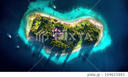 Tropical island surrounded by blue water in sea, aerial top view 104623983